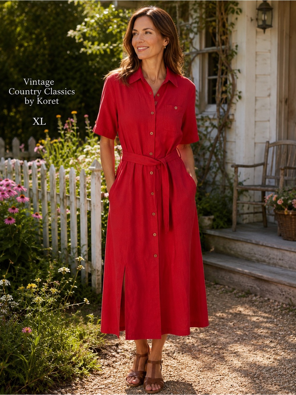 Vintage Country Classics by Koret XL Long Red Button-Front Shirt Dress Waist Tie
